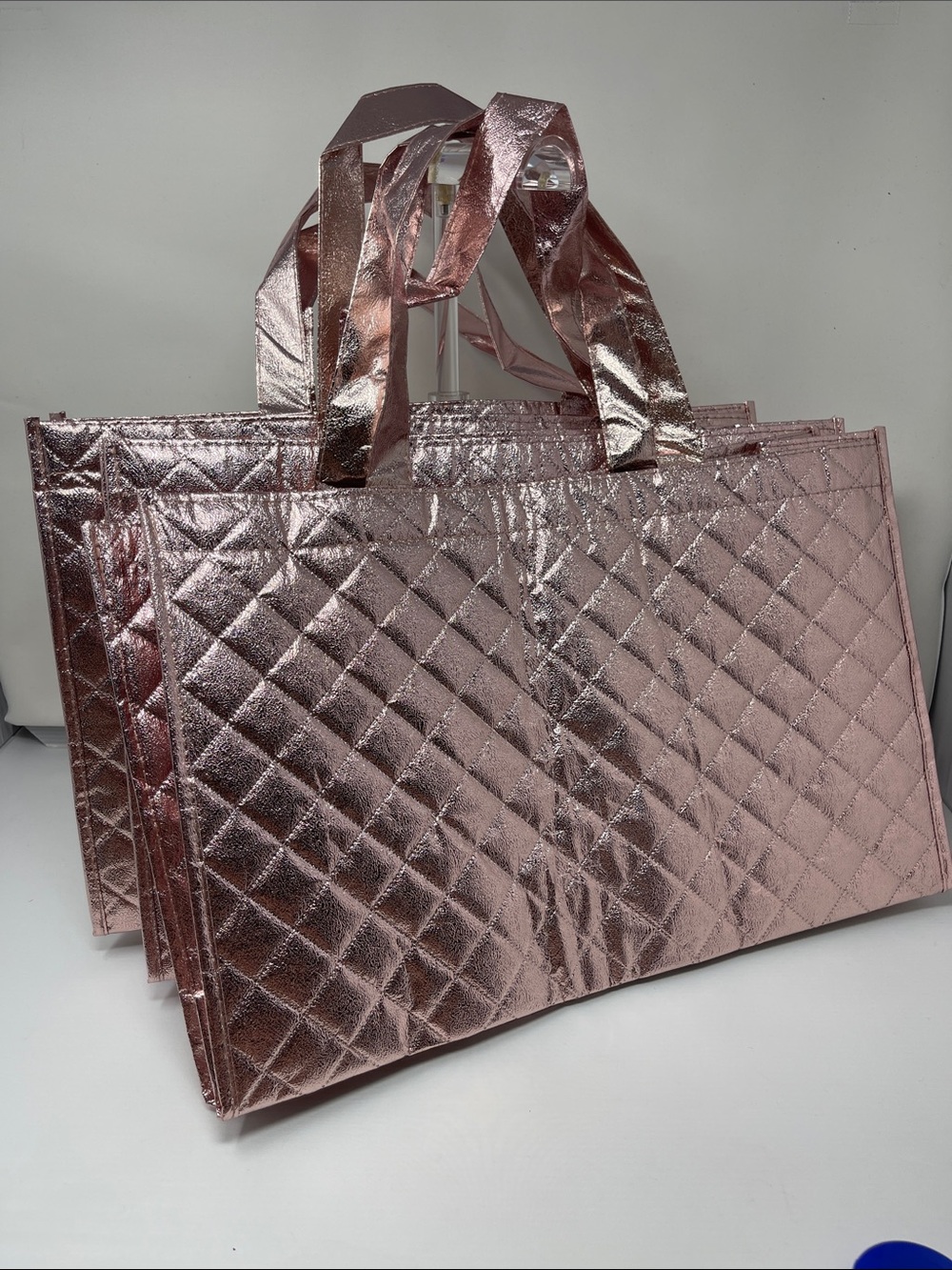 3 Metallic Quilted reusable Tote Bags - Rose Gold